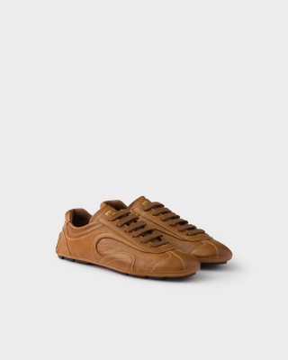 Prada Antiqued Nappa Leather Sneakers Caramel