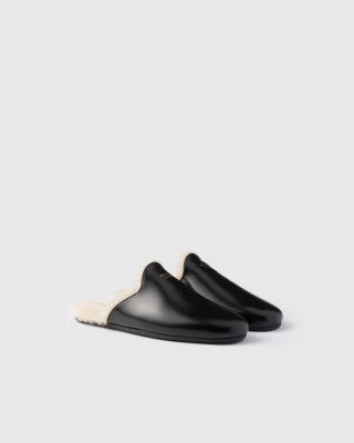 Prada Brushed Leather And Shearling Mules Black