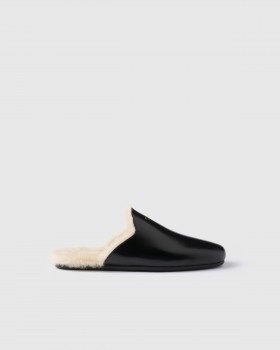 Prada Brushed Leather And Shearling Mules Black