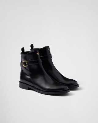 Prada Brushed Leather Ankle Boots With Strap Black
