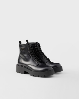 Prada Brushed Leather Combat Boots Black