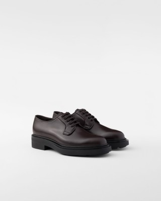 Prada Brushed Leather Derby Shoes Ebony