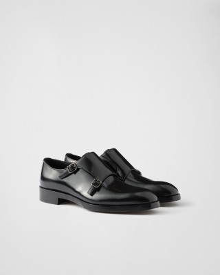 Prada Brushed Leather Double Monk Strap Shoes Black