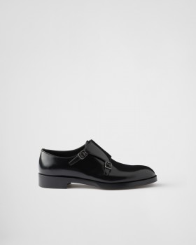 Prada Brushed Leather Double Monk Strap Shoes Black