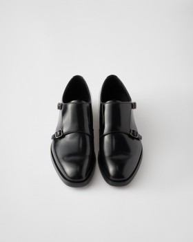 Prada Brushed Leather Double Monk Strap Shoes Black