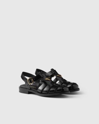 Prada Brushed Leather Fisherman Sandals Black
