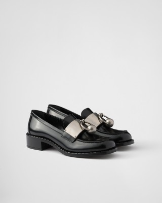 Prada Brushed Leather Loafers With Metal Details Black