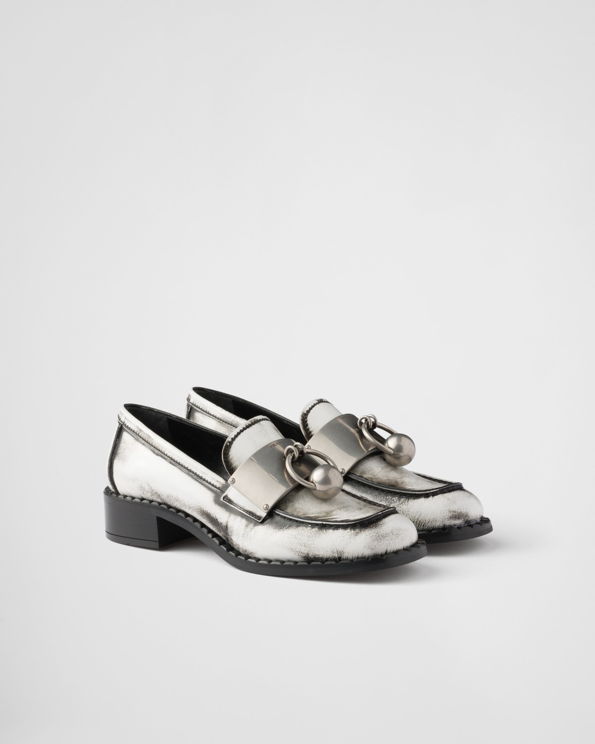 Prada Brushed Leather Loafers With Metal Details White