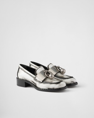 Prada Brushed Leather Loafers With Metal Details White