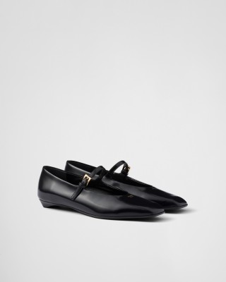 Prada Brushed Leather Mary Jane Ballerinas Black