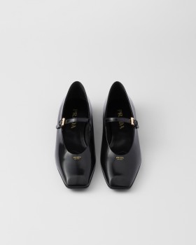 Prada Brushed Leather Mary Jane Ballerinas Black