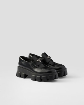 Prada Brushed Leather Monolith Loafers Black