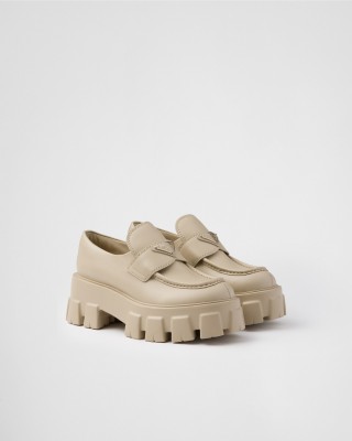 Prada Brushed Leather Monolith Loafers Desert Beige