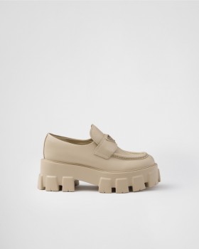 Prada Brushed Leather Monolith Loafers Desert Beige