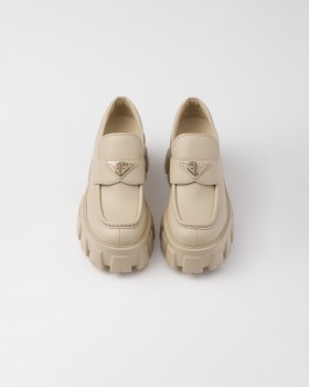 Prada Brushed Leather Monolith Loafers Desert Beige