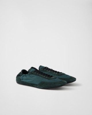 Prada Collapse Re-nylon And Suede Elasticized Sneakers Fir Green