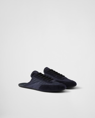 Prada Collapse Re-nylon And Suede Mules Navy