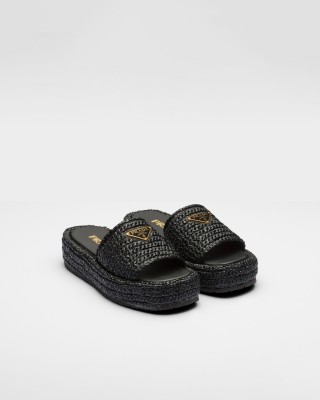 Prada Crochet Flatform Slides Black