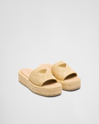 Prada Crochet Flatform Slides Natural