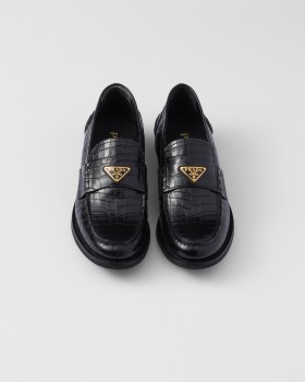 Prada Croco-print Leather Loafers Black