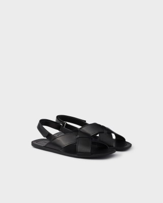 Prada Deco Leather Crisscross Sandals Black