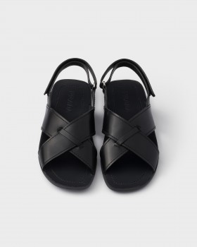 Prada Deco Leather Crisscross Sandals Black