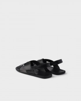 Prada Deco Leather Crisscross Sandals Black