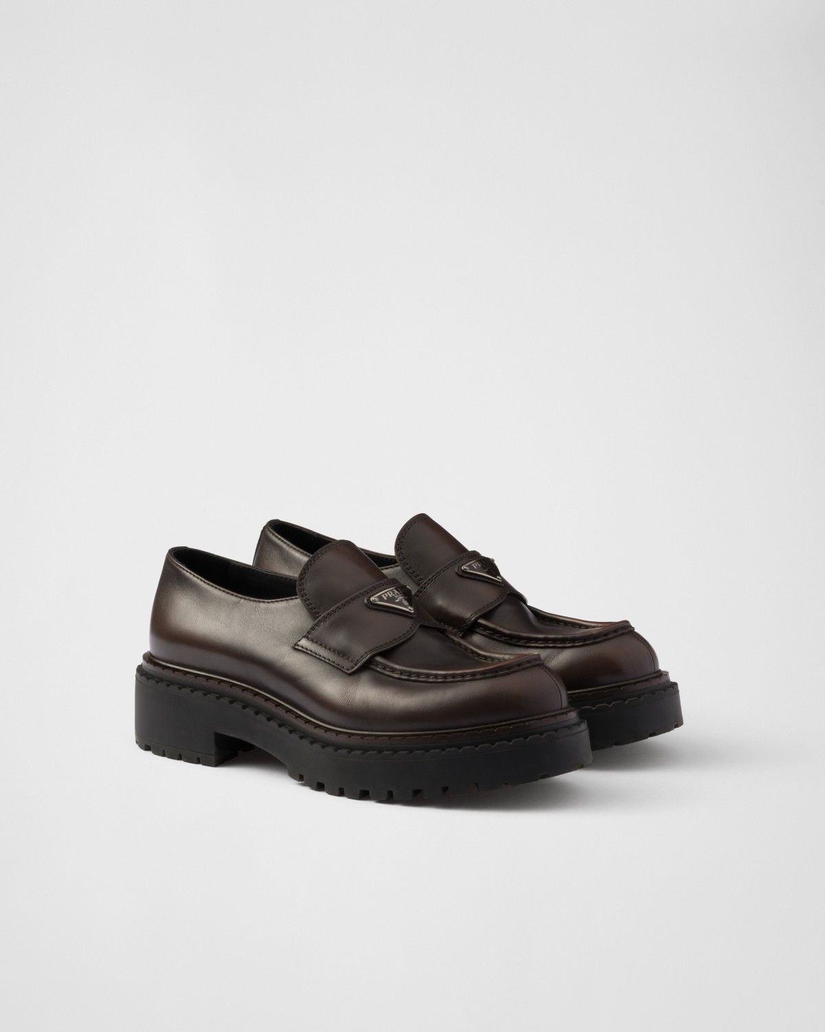Prada Double Chocolate Leather Loafers Dark Brown