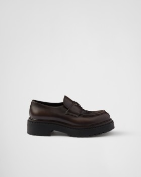 Prada Double Chocolate Leather Loafers Dark Brown