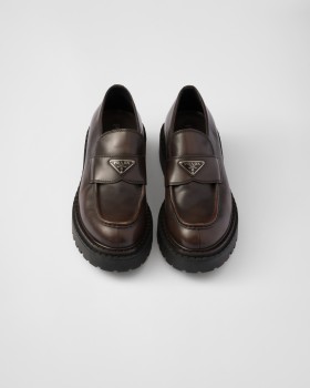 Prada Double Chocolate Leather Loafers Dark Brown
