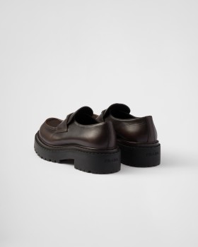 Prada Double Chocolate Leather Loafers Dark Brown