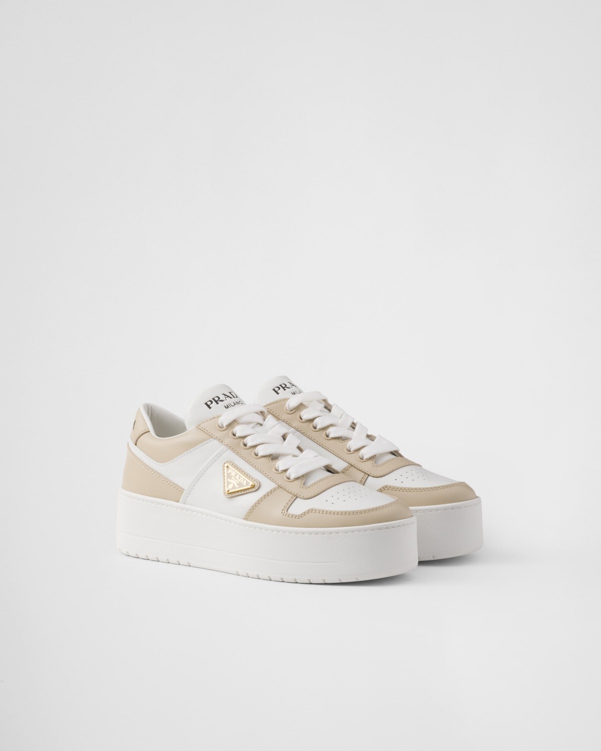 Prada Downtown Bold Leather Sneakers Desert/White