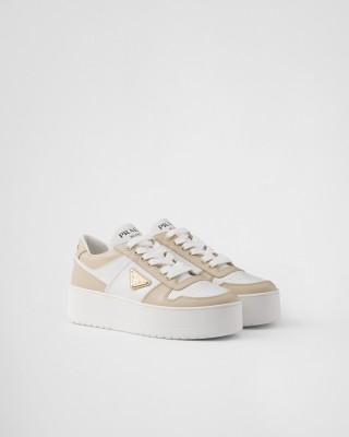 Prada Downtown Bold Leather Sneakers Desert/White