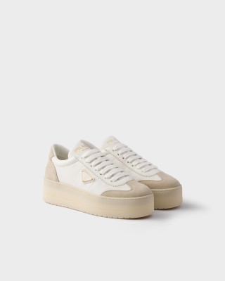 Prada Downtown Bold Nappa Leather And Suede Sneakers White/Pumice 