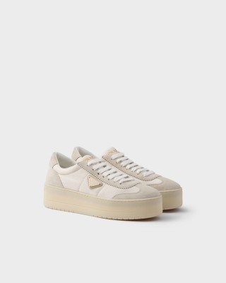 Prada Downtown Bold Nylon And Suede Sneakers Ivory