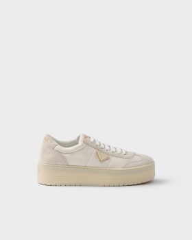 Prada Downtown Bold Nylon And Suede Sneakers Ivory