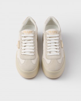 Prada Downtown Bold Nylon And Suede Sneakers Ivory