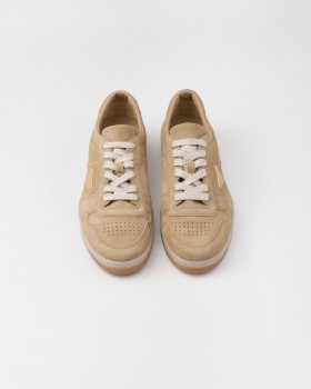 Prada Downtown Delave Suede Sneakers Ecru