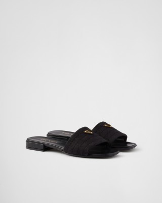 Prada Embroidered Fabric Slides Black