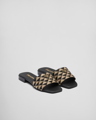 Prada Embroidered Fabric Slides Black/Beige