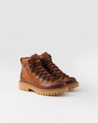 Prada Laced Leather Booties Cognac