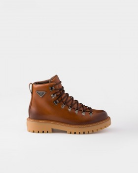 Prada Laced Leather Booties Cognac