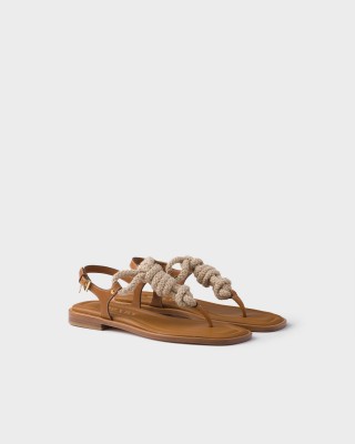 Prada Leather And Cord Thong Sandals Light Tan