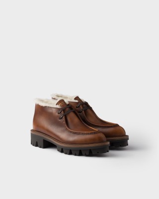 Prada Leather And Shearling Booties Cognac