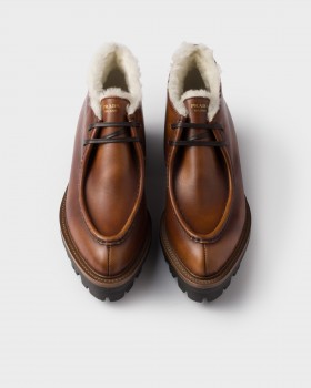 Prada Leather And Shearling Booties Cognac