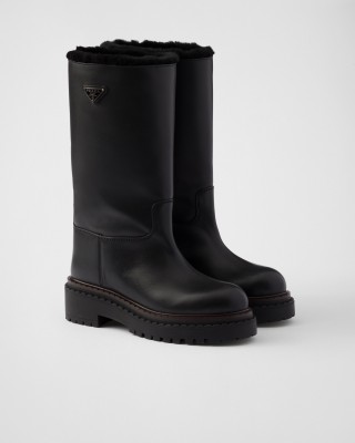Prada Leather And Shearling Boots Black