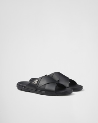 Prada Leather Crisscross Slides Black