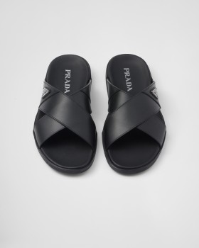 Prada Leather Crisscross Slides Black