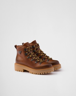 Prada Leather Laced Booties Cognac