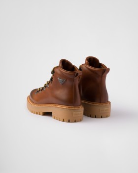 Prada Leather Laced Booties Cognac